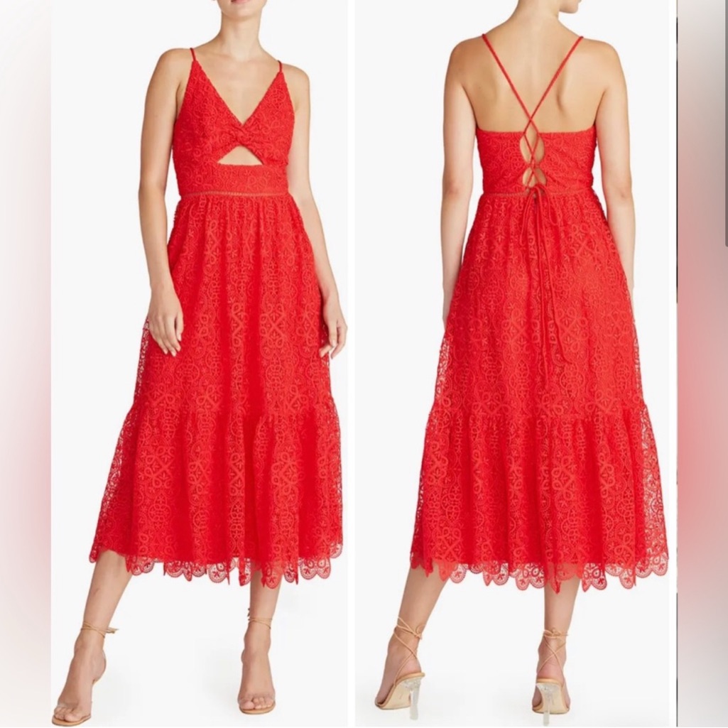 Ml Monique Lhuillier Lace Cutout Midi Dress - Size 16 - Red